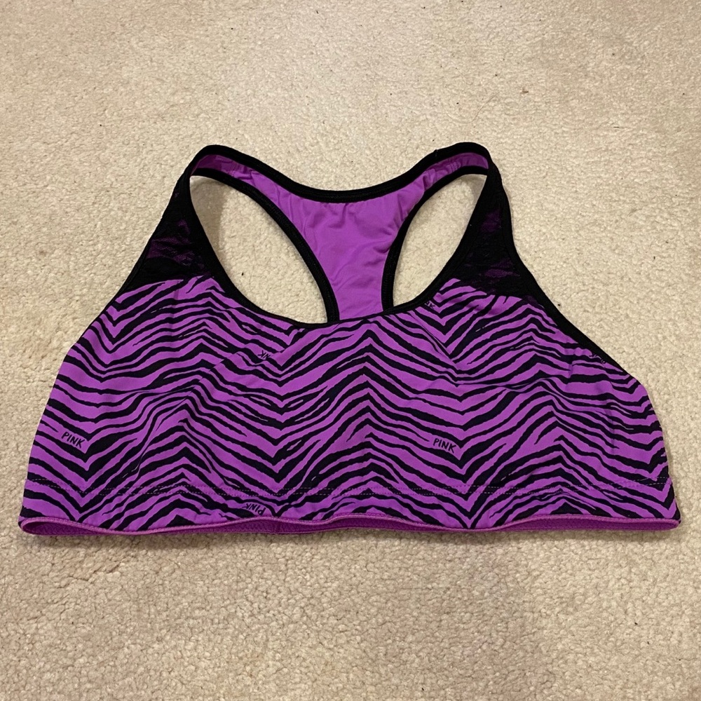 PINK Purple Zebra Sports Bra with Black Lace